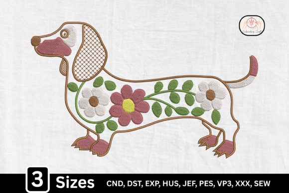Charming Floral Dachshund for Embroidery