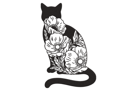 Charming Floral Silhouette Cat Embroidery