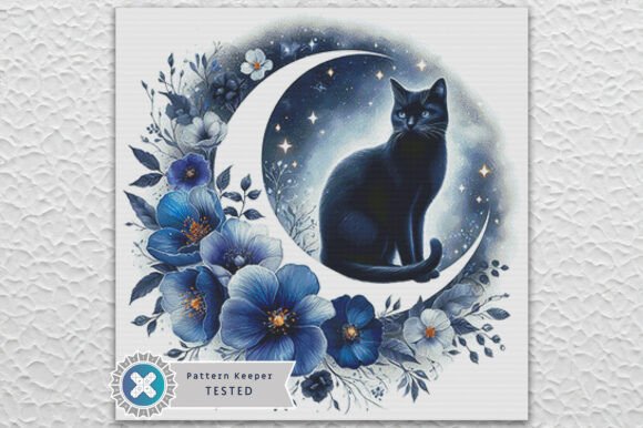 Floral Cat Moon: A Charming Cross Stitch Design