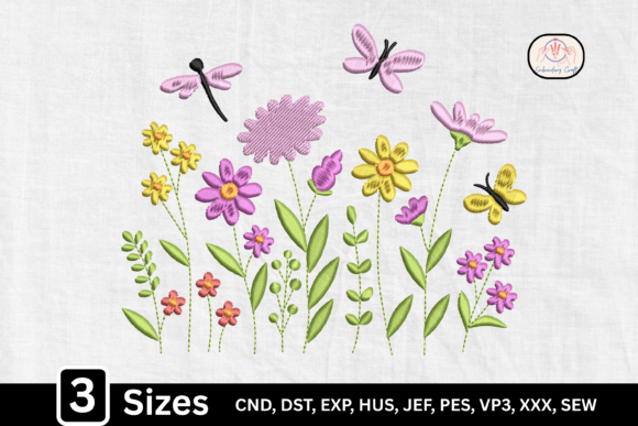 Floral Garden Dragonfly Wildflower Embroidery