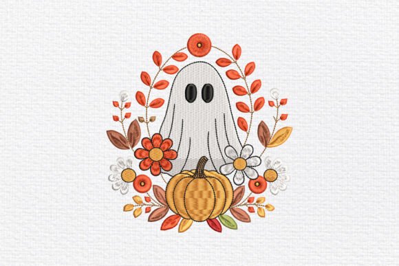 Floral Ghost Pumpkin: A Charming Embroidery Design