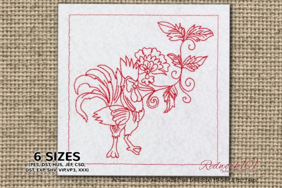 Rooster with Floral Pattern Redwork Design
