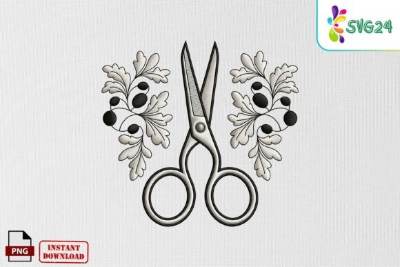 Scissors Floral Embroidery PNG for Apparel