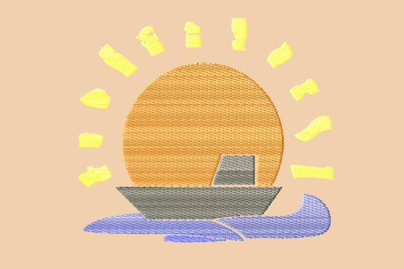 Sunset Fishing Boat Embroidery: A Coastal Delight