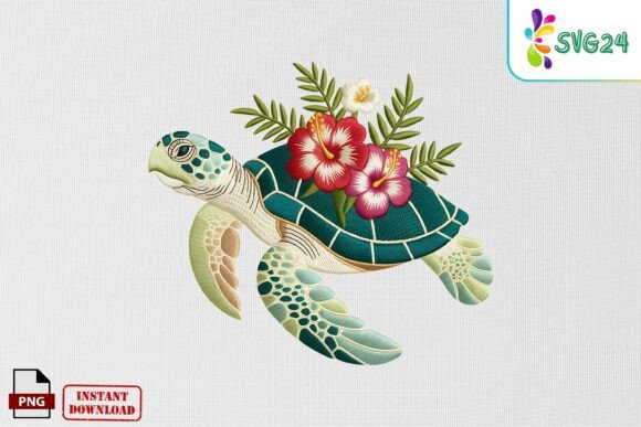 Tropical Charm with Floral Sea Turtle Embroidery Art